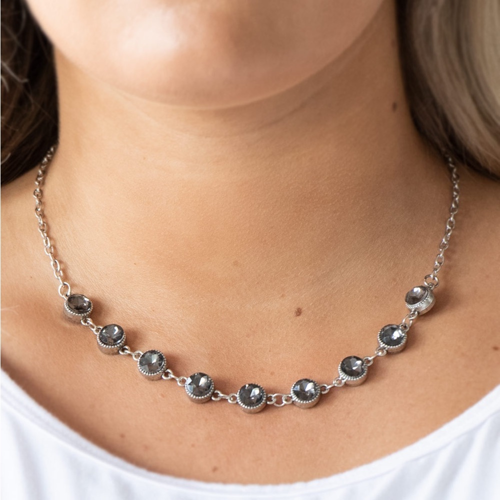 Silver and Black Gem Necklace with Matching Earrings
